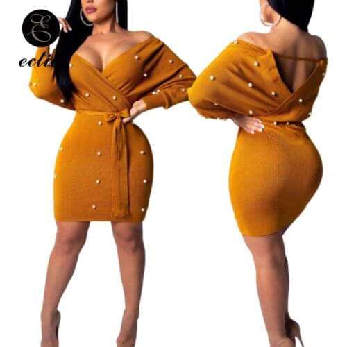 Deep V Neck Dress Plunge Off Shoulder Gathered Waist Dress Pearl Deco Sukienka Solid Color Beaded Embroidery Dress Bandage Women