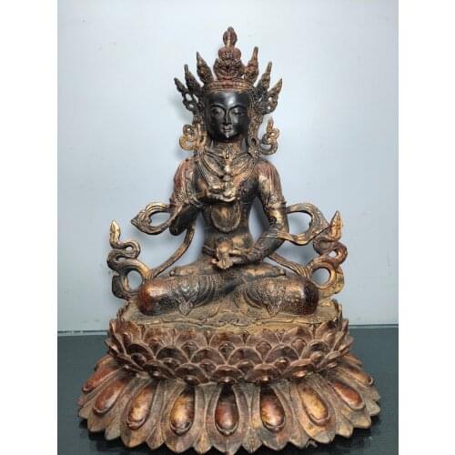 13"Chinese temple collection Old Bronze Cinnabar Lacquer Vajrasattva Sitting Buddha Lotus Terrace Ornaments Town House Exorcism