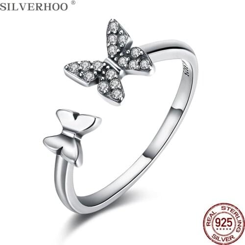 SILVERHOO 925 Sterling Silver Rings For Women Personality Adjustable Open Butterfly Vintage Ring Fine Jewelry To Girlfriend Gift