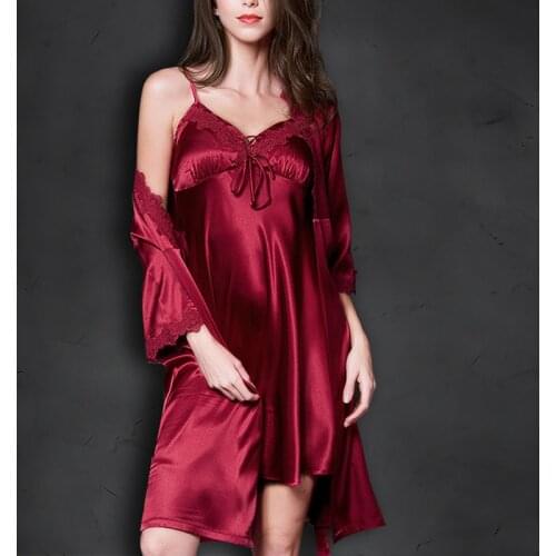 2020 Summer Women Satin Silk 2pcs Pajamas Set Ladies Sexy Lace Bath Robe Night Dress Gowns Suit Sleepwear Nightwear Homewear