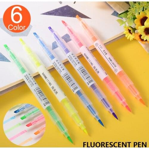 6 Colors Round Toe Oblique Written Text Pens Double Writing Highlighter Marker Pen Office School Stationery