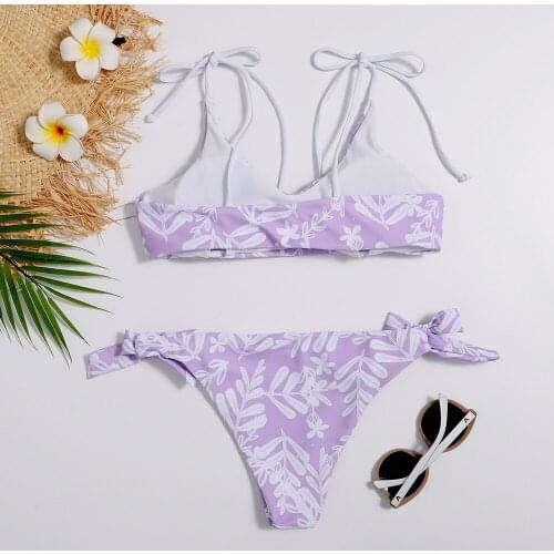 New Style Split Leaf Print Swimsuit With Chest Pad Sexy Tight-fitting Polyester Fiber Bikini Set