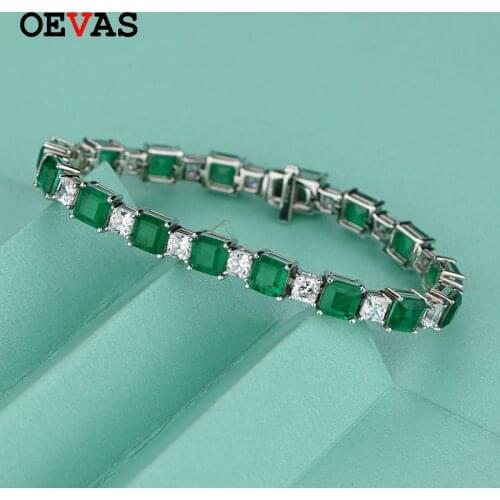 OEVAS 100% 925 Sterling Square Synthetic Emerald High Carbon Diamond Bridal Bracelet Sparkling Wedding Party Fine Jewelry Gifts