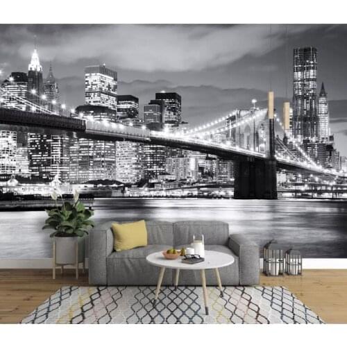 Custom Mural Night Manhattan Bridge New York European And American Cities Black And White Living Room Backdrop Wallpaper