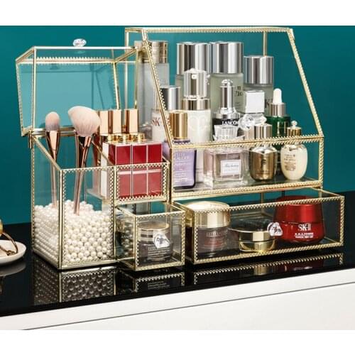 Transparent Glass Makeup Organizer Large Desktop Skin Care Cosmetic Storage Box Lipstick Perfume Organizer Dustproof Jewelry Box