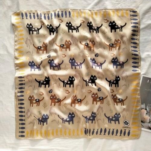 70 * 70ins Spring Summer Scarf Small Square Scarf Female Korean Artistic Decoration Kitten and Fish Neckerchief Scarf women