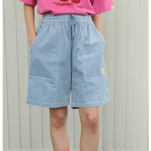 Bebobsons Summer Casual Women Shorts Elastic Waist Thin Soft Corduroy Blue Short For Teenage Girls Cartoon Patch