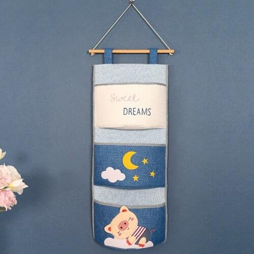 3 Pockets Cute Wall Mounted Storage Bag Cotton Linen Closet Organizer Sundries Cosmetics Toys Bag Foldable Organizers Container