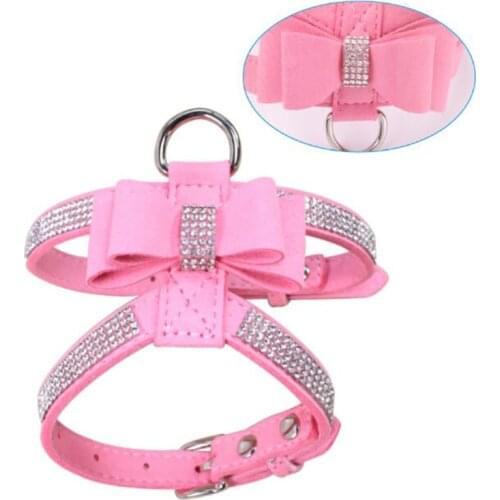 Rhinestone Pet Puppy Dog Harness Velvet & Leather Leash For Small Dog Puppy Cat Chihuahua Pink Collar Pet Products