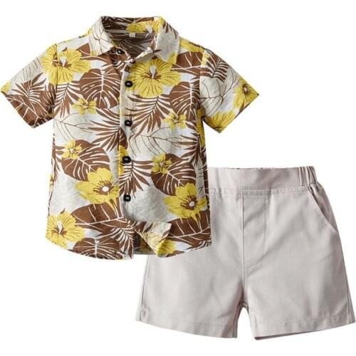 Tencel Turn-down Collar Yellow Print Blouse Shirts Short Pant 2 Pieces Sets 1-8Y Toddler Kid Baby Boy Girl Clothes Outfit Suit