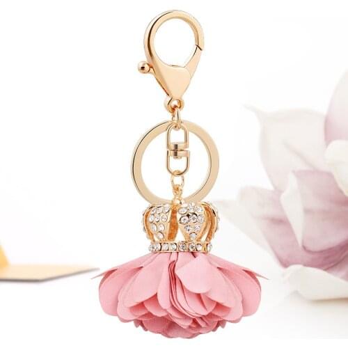 Cloth flower key Ring Chiffon tassel car key chains Lady couple bag New fashion charm flower Crown keychain Party Gift