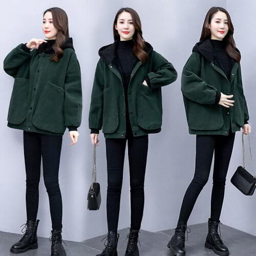 Windbreaker 2021 Autumn Winter Plus Velvet Trench Coat Womens Short Parker Padded Jacket Femme Color Match Hooded Jacket