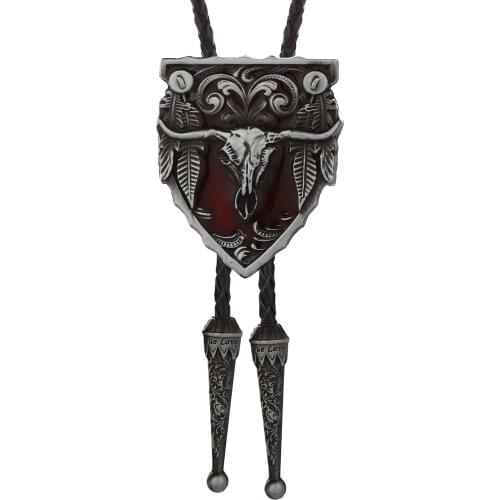 Western cowboy bolo tie bull head pattern zinc alloy leather collar rope