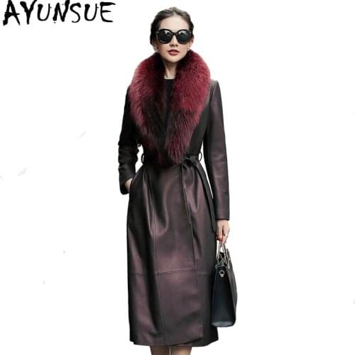 AYUNSUE Real Leather Jacket Winter Jacket Women Real Fox Fur Collar Sheepskin Coat Female Streetwear Long Windbreaker XS19D08-25