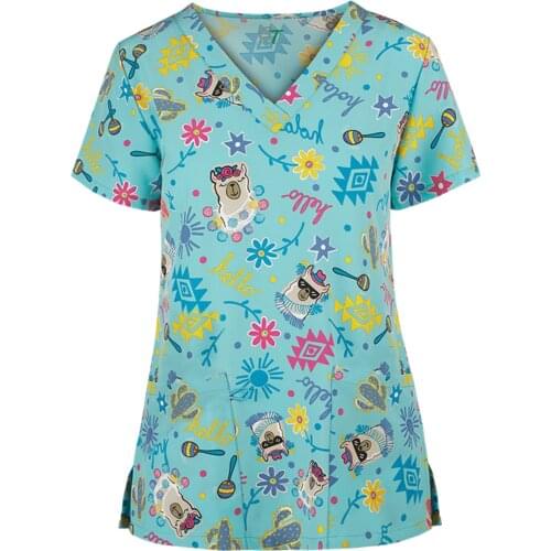 Women Blouse Cartoon Animal Print Fashion Working Uniform Harajuku Casual Short Sleeve V-neck Nurse Overalls Carer Femme Top