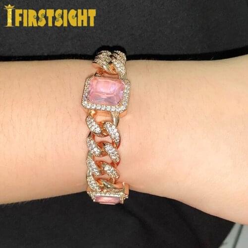 12mm Miami Cuban Chain Bracelet Rose Gold Pink Square Stone High Quality Micro Pave Cubic Zirconia Women Mne Hip Hop Jewelry