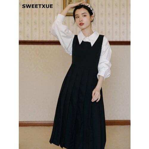 SWEETXUE Lady Retro Fashion Cute Lapel White Shirt + Strap Pleated Skirt Elegant Ladies 2-Piece Set Kawaii Suits Female