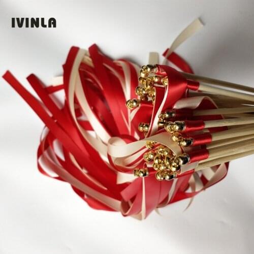 50pcs/lot red and cream ribbon wedding wands stick with gold bell for wedding party