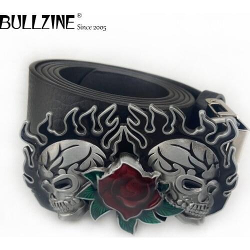 Bullzine zinc alloy enameled ROSE SKULL belt buckle FP-03467-1 LUXURIOUS jeans gift belt buckle PU belt with connecting clasp