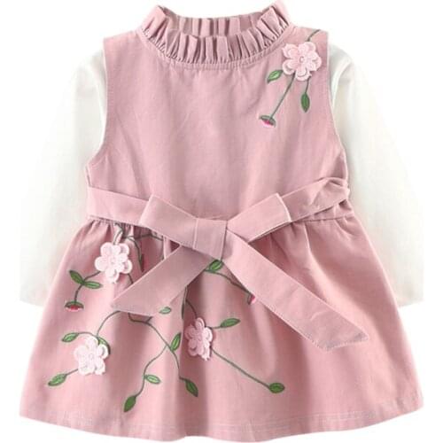 Baby Girl Spring Fall Clothing Set Flower Embroidery Dress+white T Shirt,2pcs Kids Girls Princess Dresses Suits 0-3age