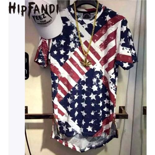 HIPFANDI 2020 Hip Hop unisex Men USA Flag reto Manmade destroyed Ripped Oversized T shirt Extended Tee golden Zipper side up