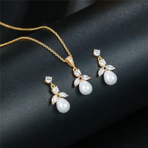 New Fashion Elegant Pearl Bridal Jewelry Sets Silver Gold Color Zircon Jewelry Set Drop Earrings & Necklace Sets For Women