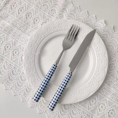 Korean Style Lattice Pottery And Porcelain Handle Knife Fork Spoon Set Contracted Little Pure And Fresh Girl Picnic Photograph