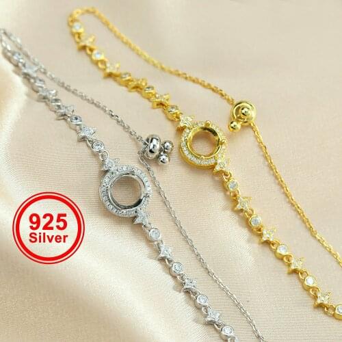 6.5-9MM Pave Round Bezel Luxry Gold Plated Solid 925 Sterling Silver Adjustable DIY Bracelet Settings 8.5Inches 1900222