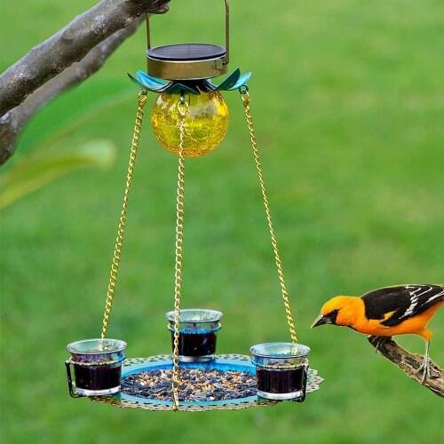 Newly Solar Powered Birds Feeder Outdoor Hanging Waterproof Birds Food Tray Garden Metal Flower Decorative LED Lighting