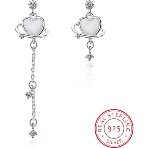 New Arrival 925 Sterling Silver Planet Asymmetric Long Tassel Earrings Heart Moonstone Zirconia Ear Jewelry For Women Party Gift