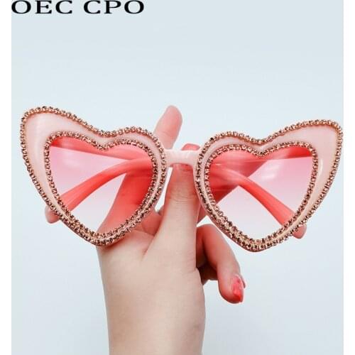 OEC CPO Heart Shaped Rhinestone Sunglasses Women Unique Diamond Sun Glasses Female Fashion Pink Eyeglasses gafas de sol O964