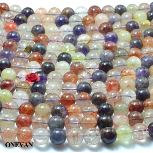 ONEVAN Natural Colorful Rutilated Quartz Crystal Charm Beads Round Stone Bracelet Necklace Jewelry Making Diy Accessories Design