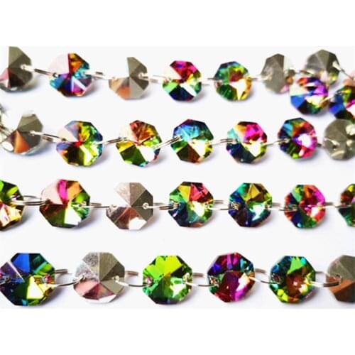 Wholesale 50M/Lot K9 Crystal Octagon Crystal Glass Garland Chains 14mm Rainbow Chandelier Beads Strands Diy Curtain Decoration