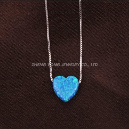 Elegant Fashion 925 Silver Box Chain Necklace OP05 Blue Heart Opal Necklace For Gift