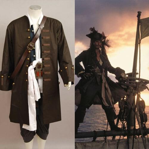 Pirates Costume Captain Jack Cosplay Sparrow Costume Jacket Vest Belt Shirt Pants Full Sets Adult Men Halloween
