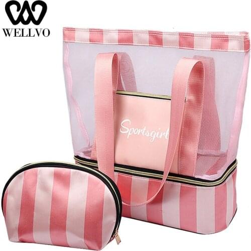 2020 Clear Transparent Travel Bag Mesh Swimming Bag Women Striped Handbags Pool Beach Pouch Dry Wet Shoulder Bags Trip XA764WB