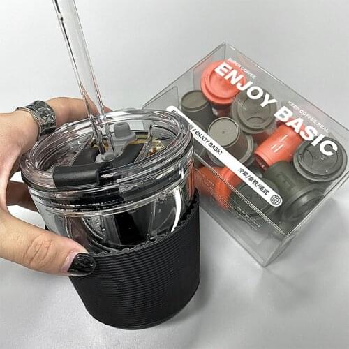 350ML Transparent Glass Coffee Cup With Lid And Straw Leakproof Anti-Scald Mini Travel Mug Cold Extraction Cup Drinkware