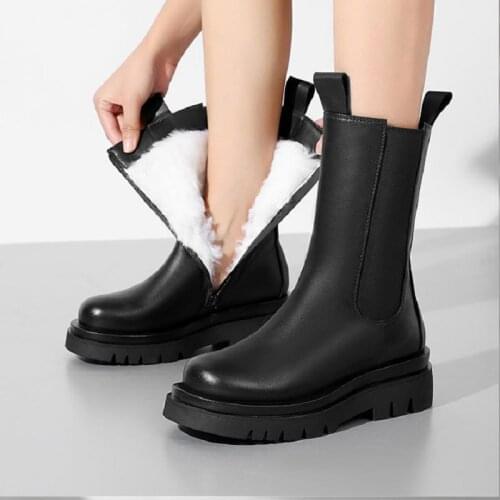 Plus Size 35-42 Genuine Leather Snow Boots Women Zip Nature Wool Warm Winter Boots Female Zipper Fashion Mid-calf Boots