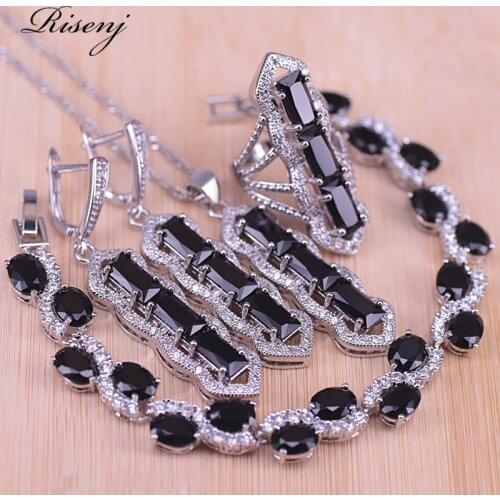 Risenj Black Stone Silver Color Jewelry Set For Women Long Earrings Ring Necklace Bracelet Set Free Shipping Pretty Present