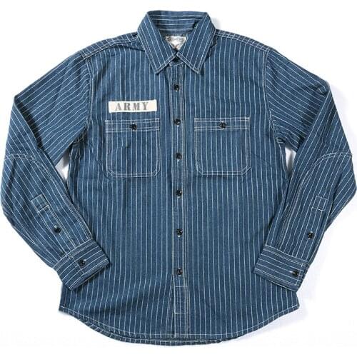 OK9350 Vertical Striped Shirt Men High Quality Retro Handsome Casual Simple Street Pocket Denim Long Sleeve Turn-Down Collar Top