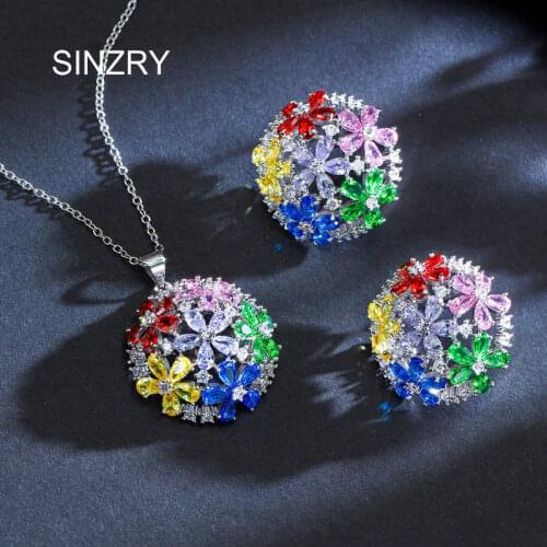 SINZRY 2018 gorgous bright CZ jewelry set cubic Zirconia colorful flower Pendant Necklaces Earring Jewelry sets for women