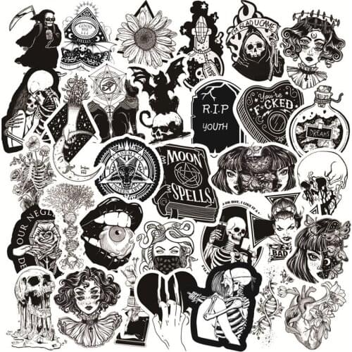 Three Ratels 50 Pcs Black and White Gothic style girl and skull Stickers Graffiti Sticker for Laptop Luggage Car Styling Guitar