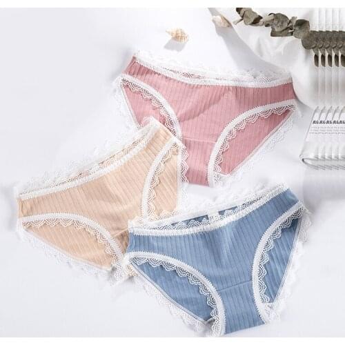 Panties for Women Sexy Lace Girls Underwear Cotton Antibacterial Briefs Set Soild Color Low-Rise Lingerie 3 Pcs/lot Dropshipping