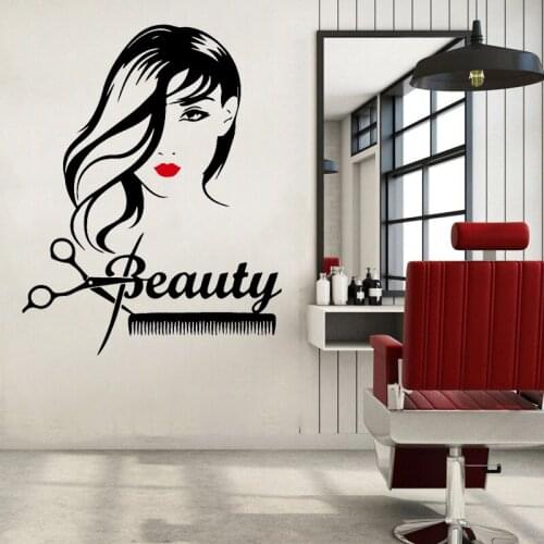 Hair Salon Wall Sticker Sexy Woman Red Lips Vinyl Decal Barber Shop Window Decoration Hairdress Studio Stickers Scissors Comb