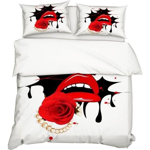 YuXiu 3D Printing Red Rose Lips Duvet Covers 3Pcs set Black Bedding Set Bed Linen Cover Pillowcases King Queen Full Twin size