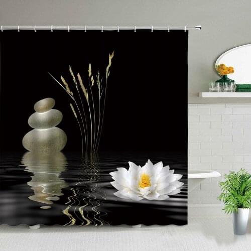 Zen Stone Flower Shower Curtains Bamboo Asian Lotus Floral Spa Bathroom Curtain Set Waterproof Fabric For Home Bathtub Decor
