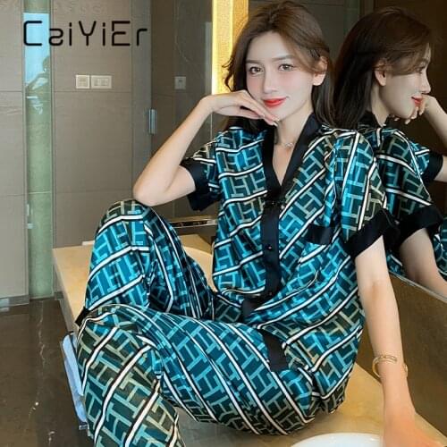 CAIYIER Women Pajamas Set Sexy Luxury Fashion Letters Print Summer Short Sleeve Silk Like Leisure Home Clothes Pants Sleepwear