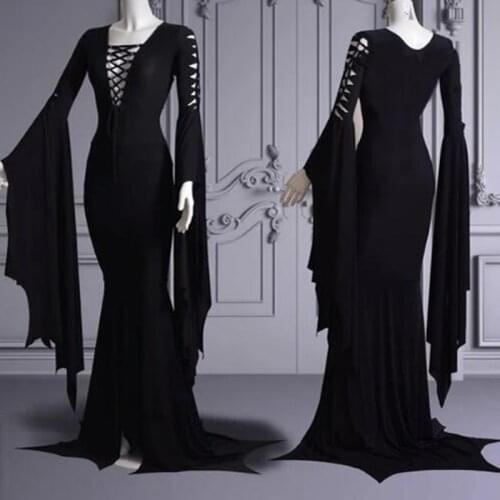 Retro Black Gothic Leather Floor Dress Morticia Addams Costume Adult Halloween Vampire Outfit Pagan Witch Devil Demon For Wome