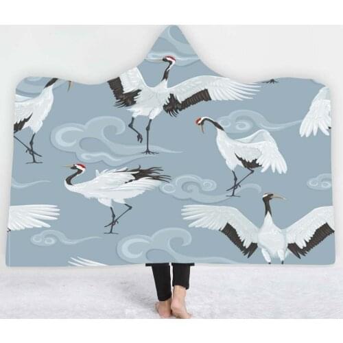 Animals Redcrowned Crane Hooded Blanket Portable Winter Wearable Microfiber Hoodie Blanket Cloak Blankets Sofa Bed Throw Blanket