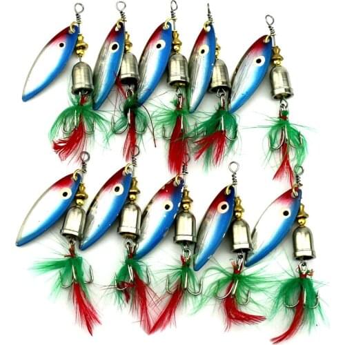 10Pcs Spinnerbait Sequin Fishing Lure Metal Spoon Bait Hard Noise Spinner Fishing Bait Feather Hook 6.5cm 7.5g